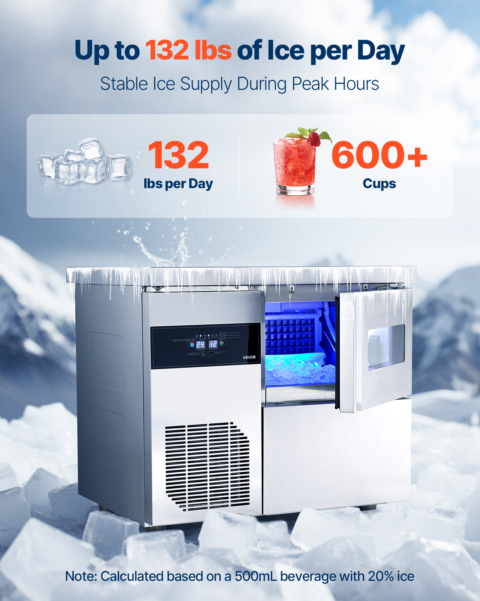 VEVOR Commercial Ice Maker Machine, 132 lbs/24H Stainless Steel Ice Machine with Worktop, 30 lbs Storage & 70 Cubes/Cycle,Self-Cleaning Freestanding Ice-Making for Home Bar Office Restaurant Kitchen
