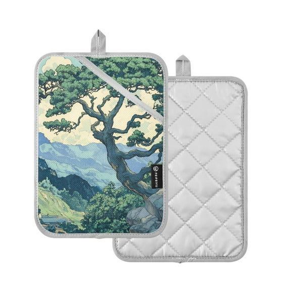 Yayeee Pot Holders Kitchen Heat Resistant with Pocket 7"x9.8" Cotton Oven Cooking Hot Pads, Retro Tree