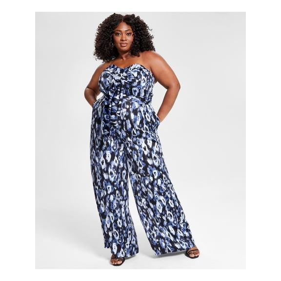 NINA PARKER Womens Black Pocketed Zippered Boning Tie Back Pleated Printed Strapless Wide Leg Jumpsuit Plus 20W