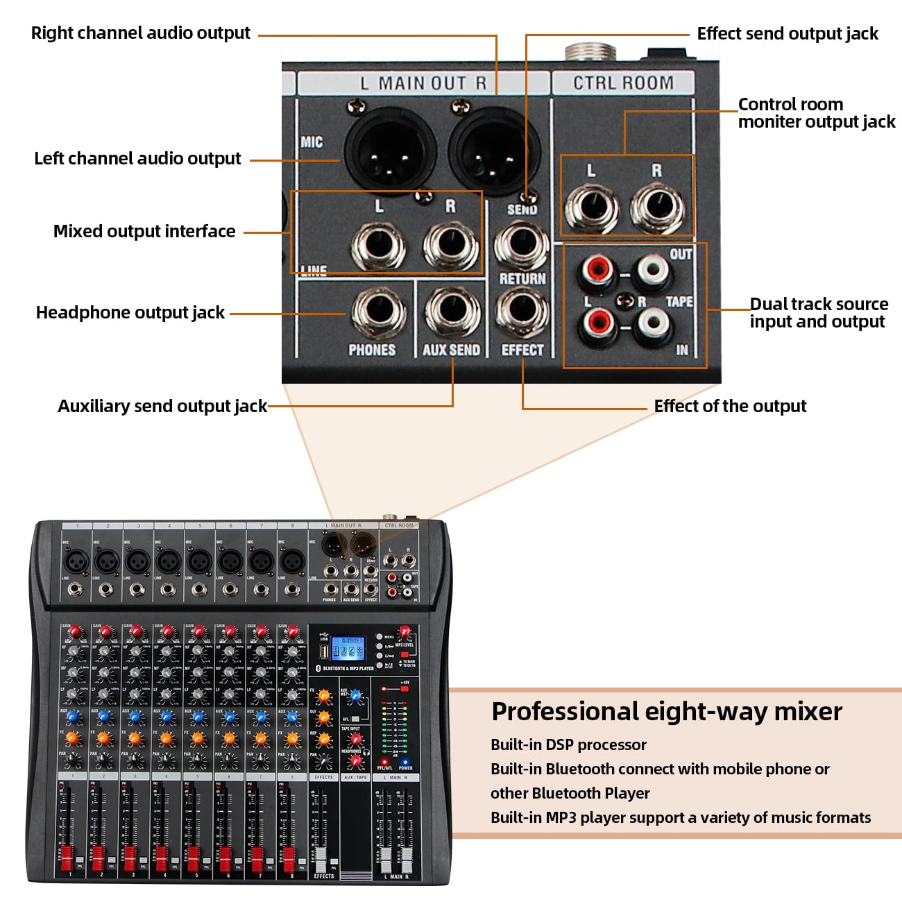 Depusheng DX8 Sound Controller Interface 8 Channel Digital USB Bluetooth MP3 Computer Input 48V Phantom Power Stereo DJ Studio