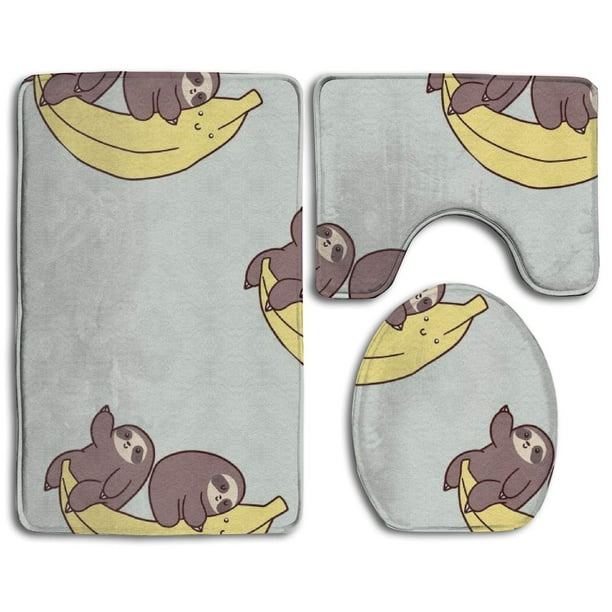 PUDMAD Sloth Banana 3 Piece Bathroom Rugs Set Bath Rug Contour Mat and
