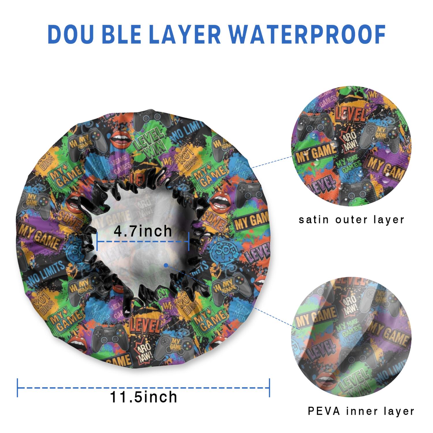 Shower Caps,Colorful Games Graffiti Black Pattern Waterproof Shower Cap for Women 4 Pieces,Double Reusable Hair Cover for Shower PEVA Elastic Stretch Hem