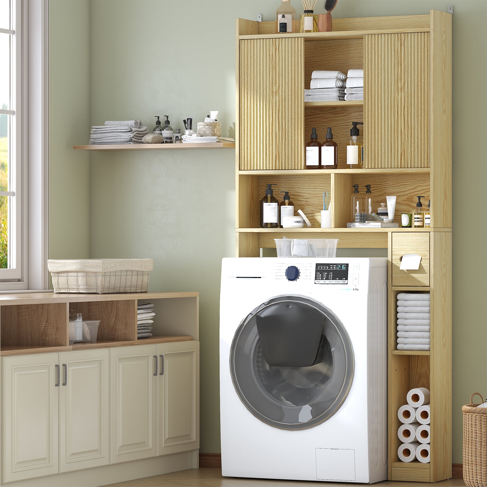 Frmobepts Over The Toilet Storage Cabinet with Toilet Paper Holder Stand, Above Toilet Organizer with Doors, Behind Toilet Shelf for Restroom, Bathroom, Laundry, Oak