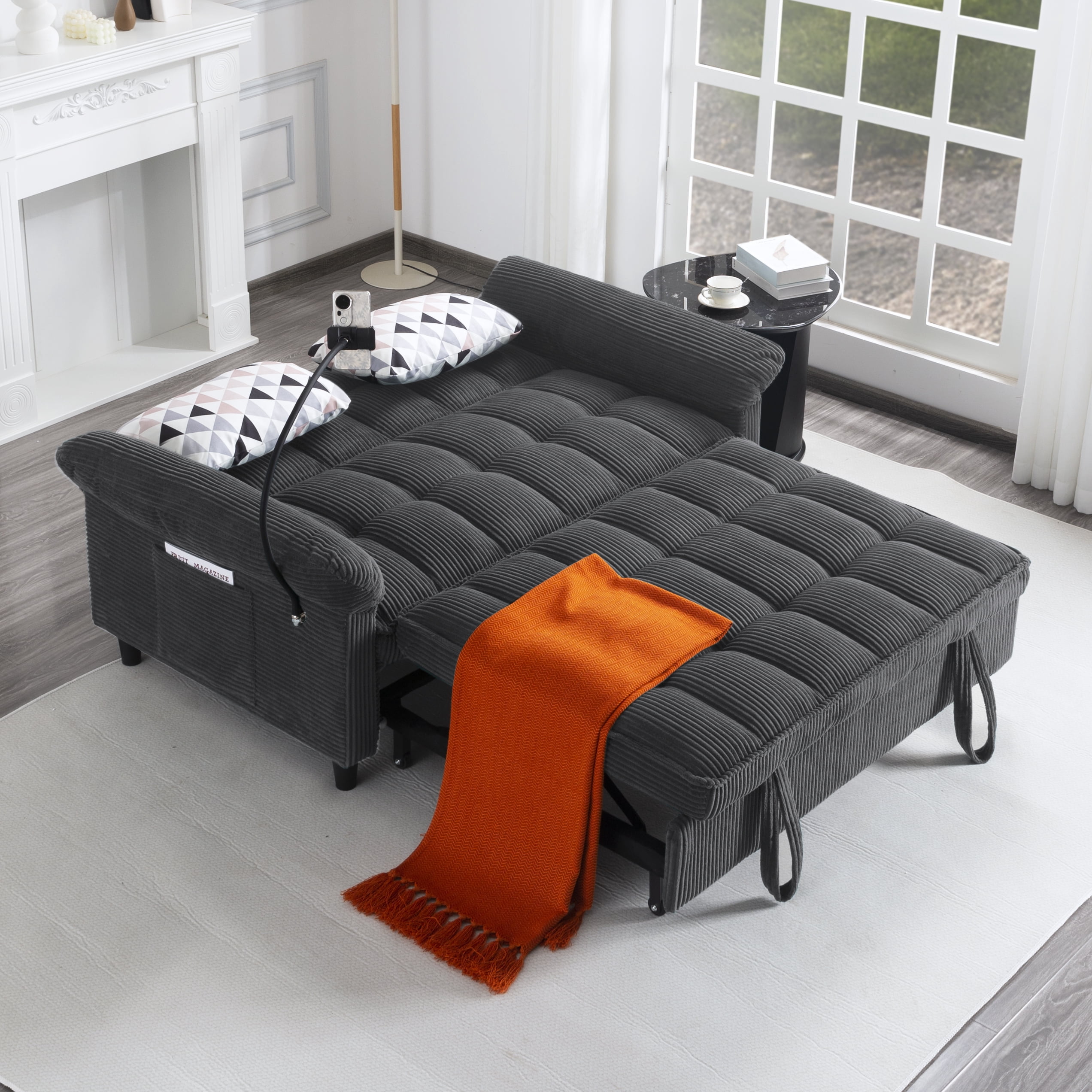 Gewnee 58" 3‑in‑1 Corduroy Convertible Sleeper Sofa Bed, Pull‑Out Loveseat with 3 Adjustable Reclining Positions & Side Storage Pocket, Multi‑Purpose Guest Sofa for Living Room, Guest Room, Dark Grey