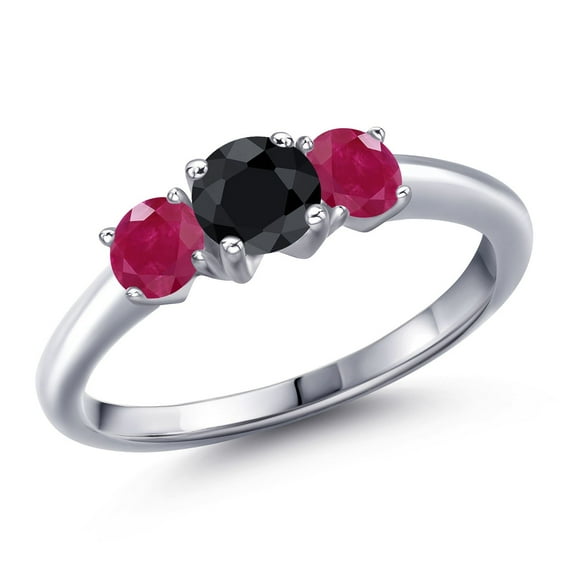 Gem Stone King 925 Sterling Silver Black Sapphire and Red Ruby Engagement Ring for Women | 1.39 Cttw | Round 5MM | Gemstone September Birthstone | Size 5