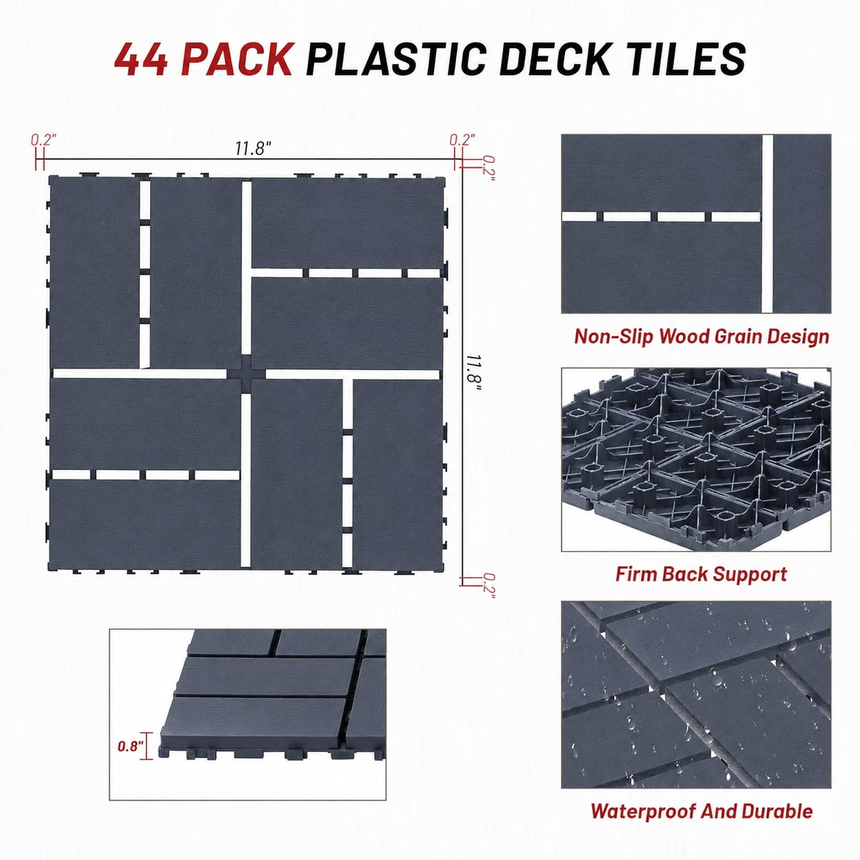 44 Pack Interlocking Deck Tiles Outdoor Patio Flooring Waterproof DIY Snap Plastic Floor Tiles for Balcony Backyard Pool
