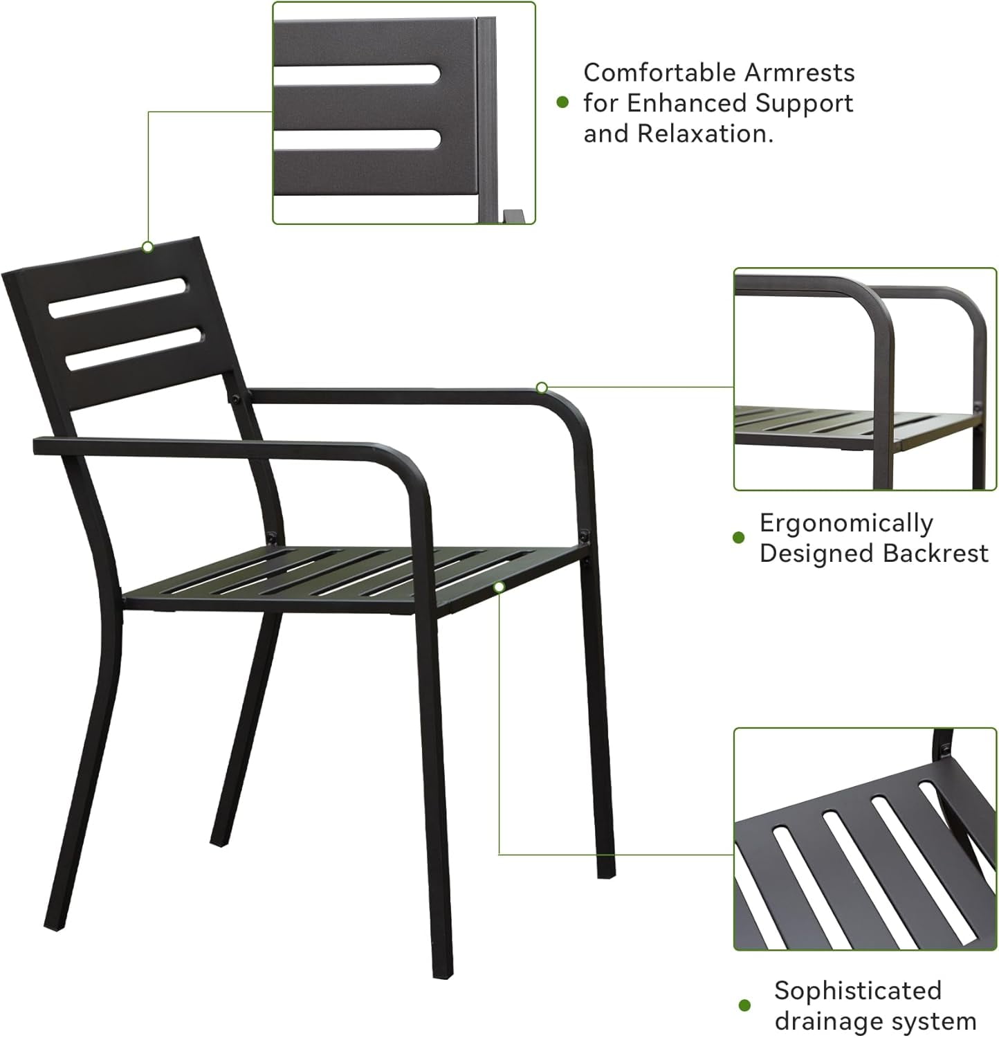 Domi Set of 4 Patio Dining Chairs, Heavy Duty Metal Outdoor Chairs with Ergonomic Armrests, Stackable Garden Chairs for Backyard, Lawn, and Patio Furniture – Black