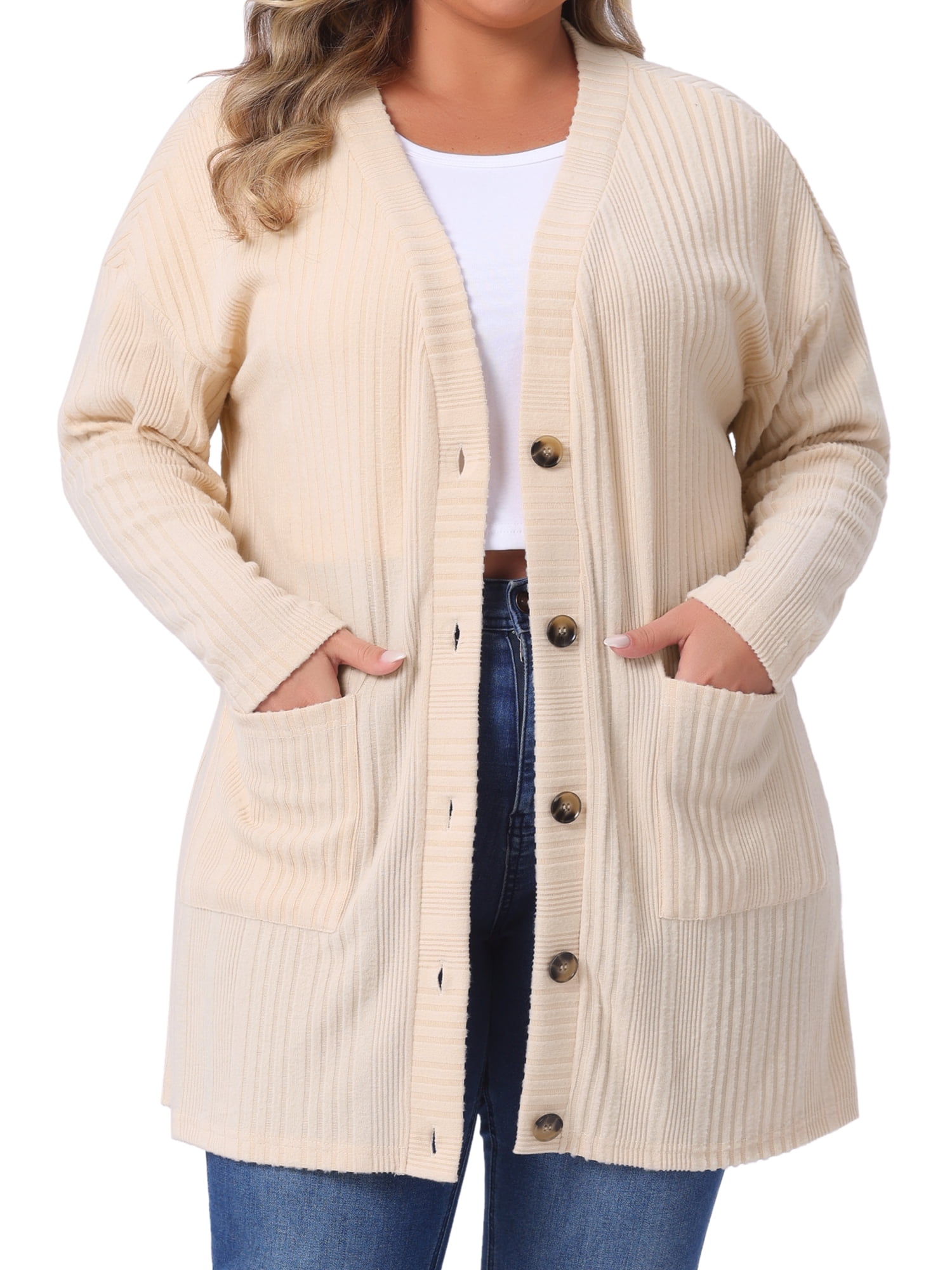 DARING DIVA Women's Plus Button V Neck Knit Cardigan with Pockets 3X Apricot