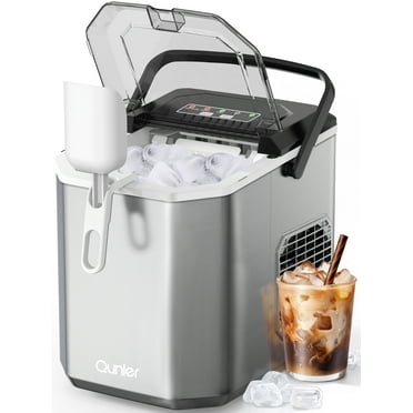 Qunler Ice Maker Countertop, 2 Sizes 9 Bullet Ice Cubes in 6 Mins, 26lbs/24Hrs, Self Cleaning Pebble Ice Machine with Ice Basket and Scoop, Small Portable Ice Cube Maker for Home, Kitchen, Camping
