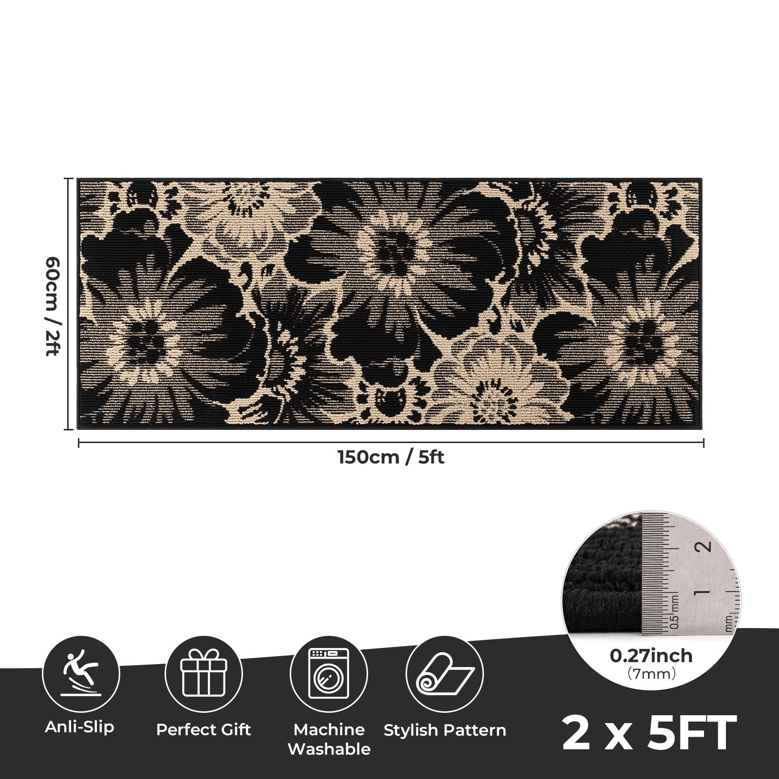 Findosom Runner Rug for Hallway 2x5 ft,Non-slip Machine Washable Runners Flower Floor Mats Low Pile Carpet Rug Runner with Rubber Backing for Entryway Doormat Bathroom Kitchen Laundry Room,Black
