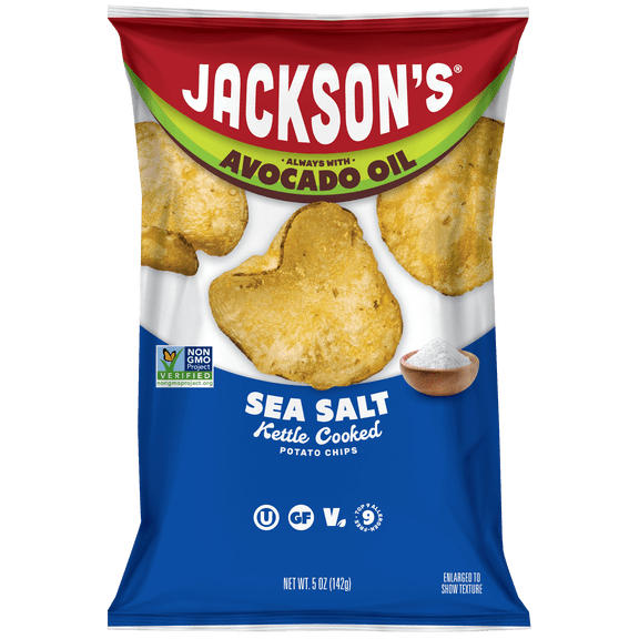 Jackson’s Classic Potato Kettle Chips with Sea Salt, Avocado Oil, Free of Top 9 Allergens, 5 oz
