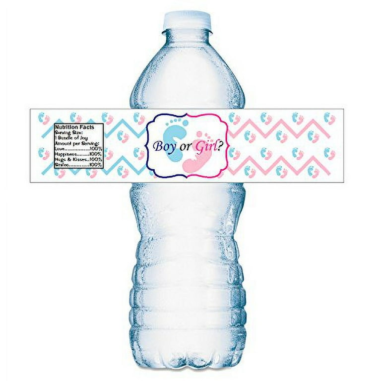 Baby Shower Gender Reveal Water Bottle Labels - 24 Pack Pink & Blue Stickers, 8.6x2 Inch