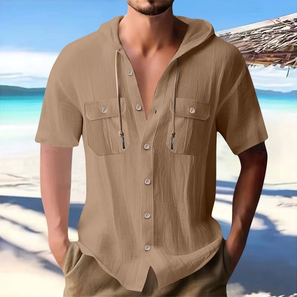 pstuiky camisetas para hombre, Blusa informal de manga corta con capucha, botones y bolsillo con cordón de color sólido para hombre. ropa de hombre s