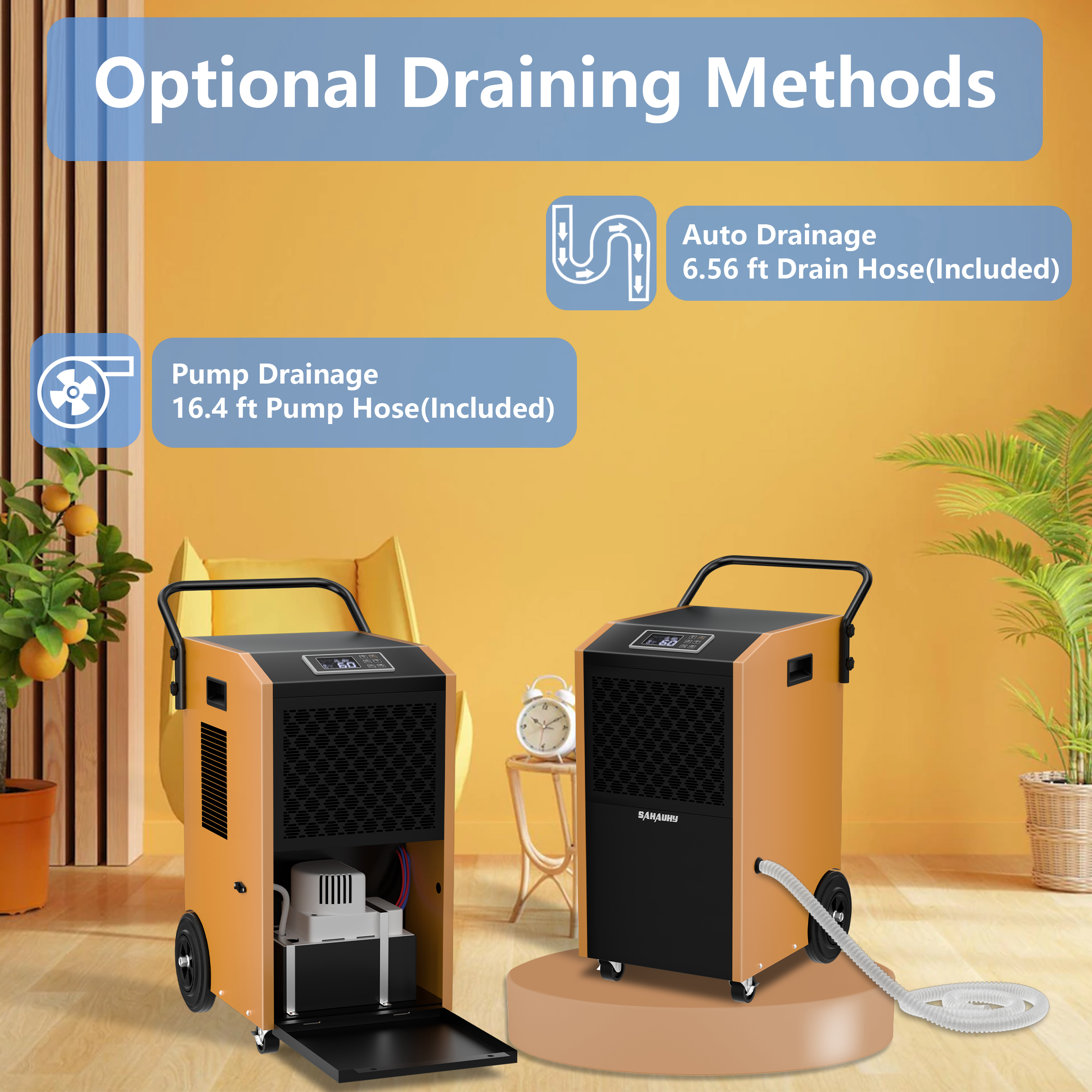 SAHAUHY 168 Pints Commercial Dehumidifier with Pump and Drain Hose for Basements Home and Large Spaces up to 7,200 Sq Ft