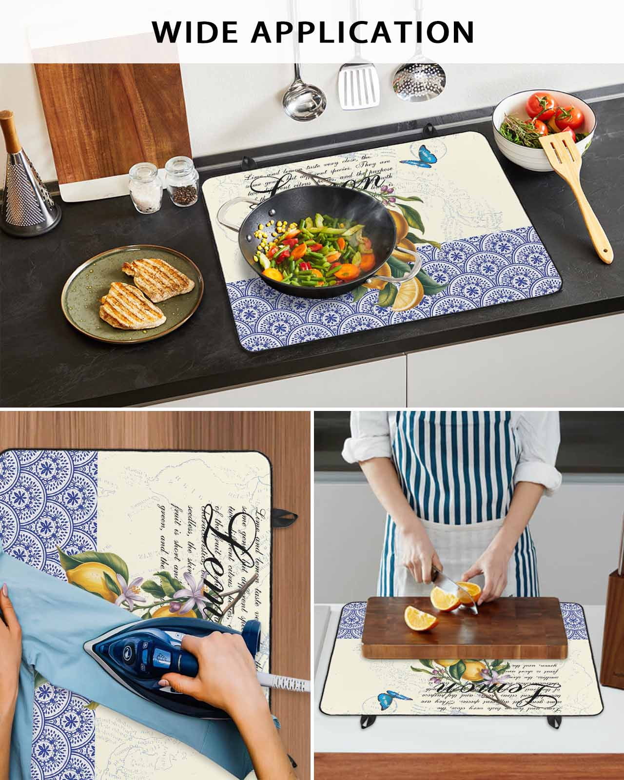Large Induction Cooktop Protector Mat Lemon Stove Top Covers for Electric Stove, Summer Vintage Yellow Fruits Italy Blue Textured Decorative Stove Burner Cover Mats, Glass Top Stove Cover