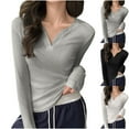 thumbnail image 6 of Women's Cotton Tops Slim Fitted Crew Neck/ V-neck Long Sleeve Base Layer T-Shirts Casual Solid Color Tees (L, Gray|V-neck), 6 of 6