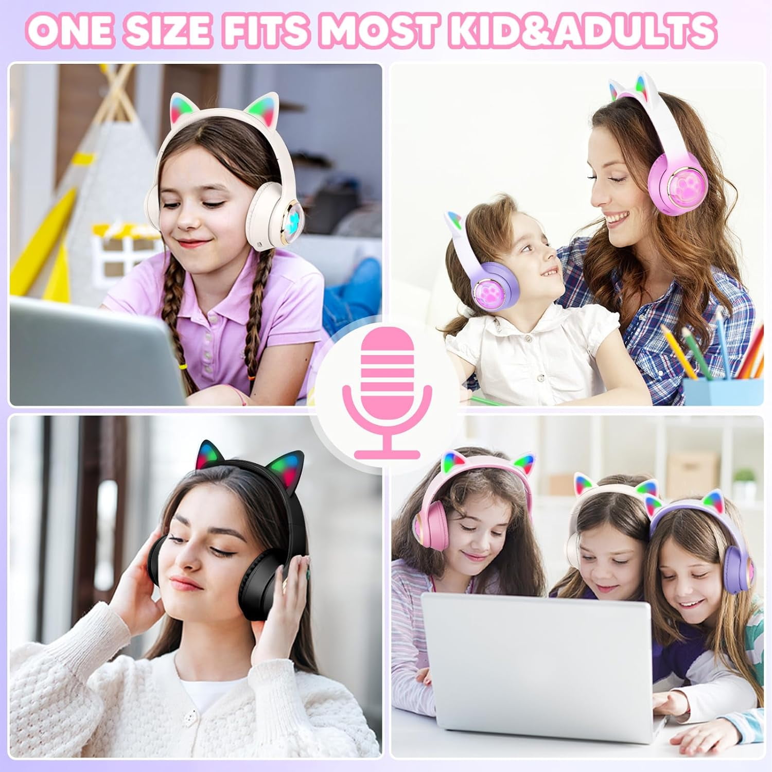 QearFun Cat Headphones for Girls Kids for School, Kids Bluetooth Headphones with Microphone & 3.5mm Jack, Teens Toddlers Wireless Headphones with Adjustable Headband for Tablet/PC Black