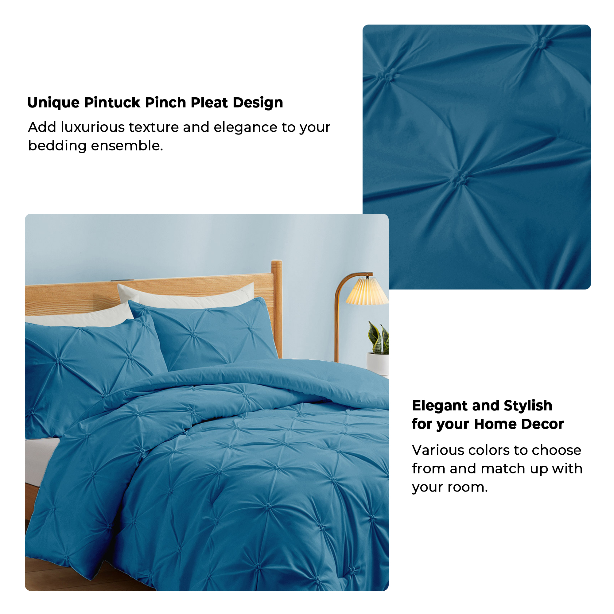 Peace Nest 3-Piece All Season Pinch Pleated Comforter Set, Navy, Twin - image 4 of 6