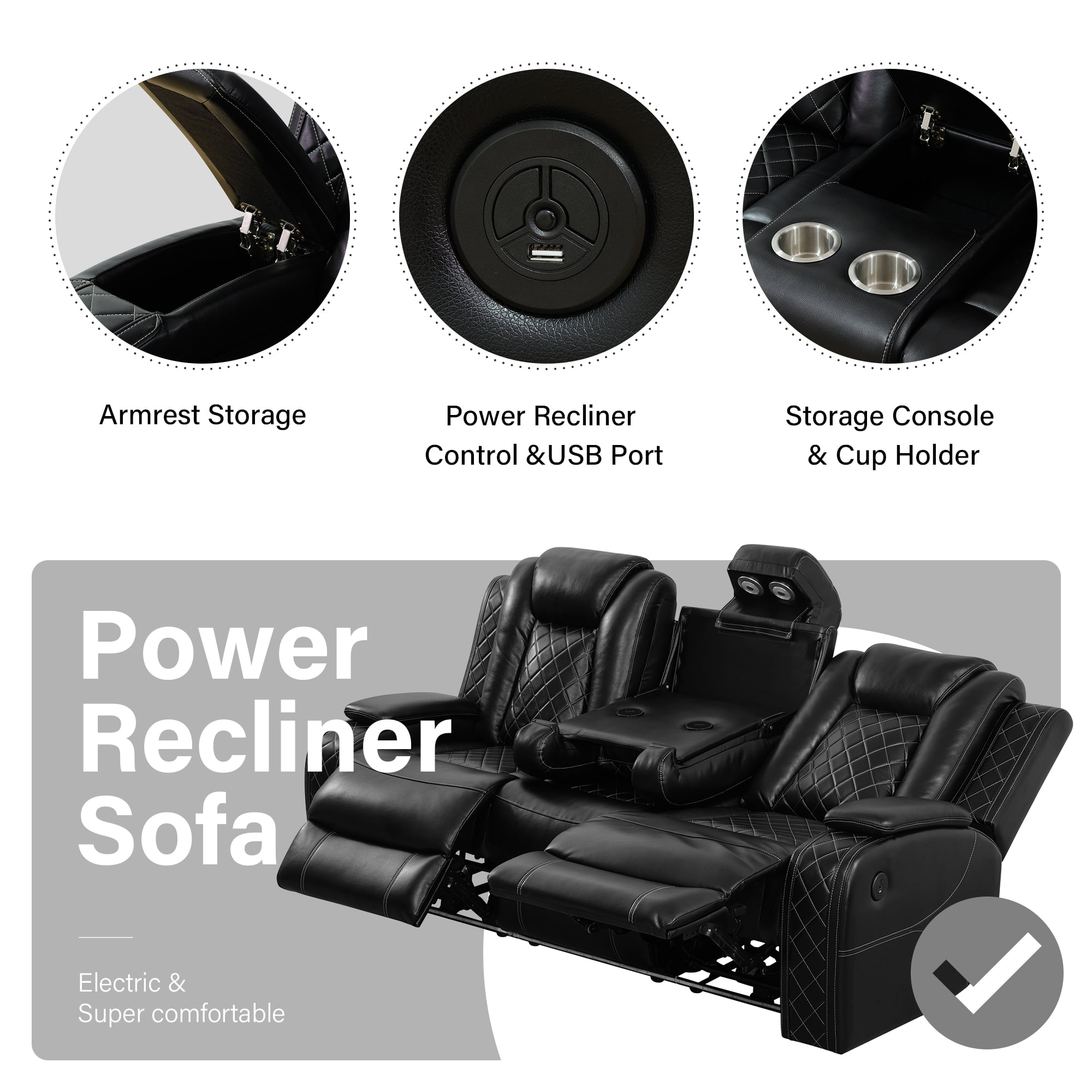 Aukfa 3-Seater Power Recliner Sofa Set W/ Wireless Charging, Reading Light & Storage, Modern Home Theater Seating for Living Room, Black