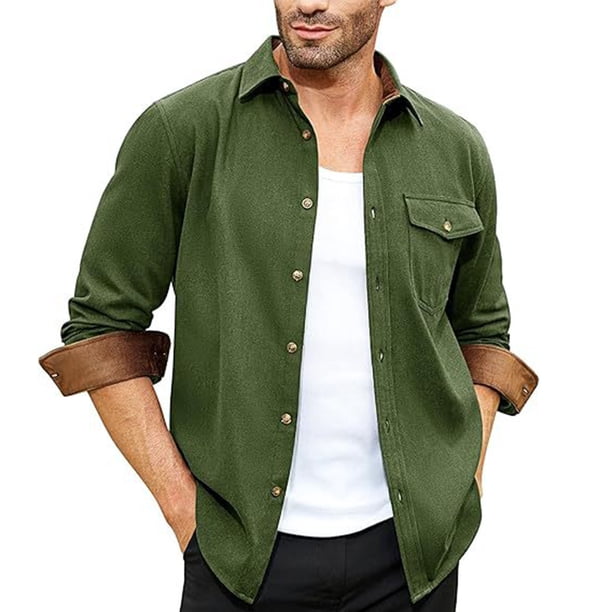 Blusa y camisa de manga larga con cuello vuelto para hombre, informal, lisa, con botones y bolsillo, de poliéster