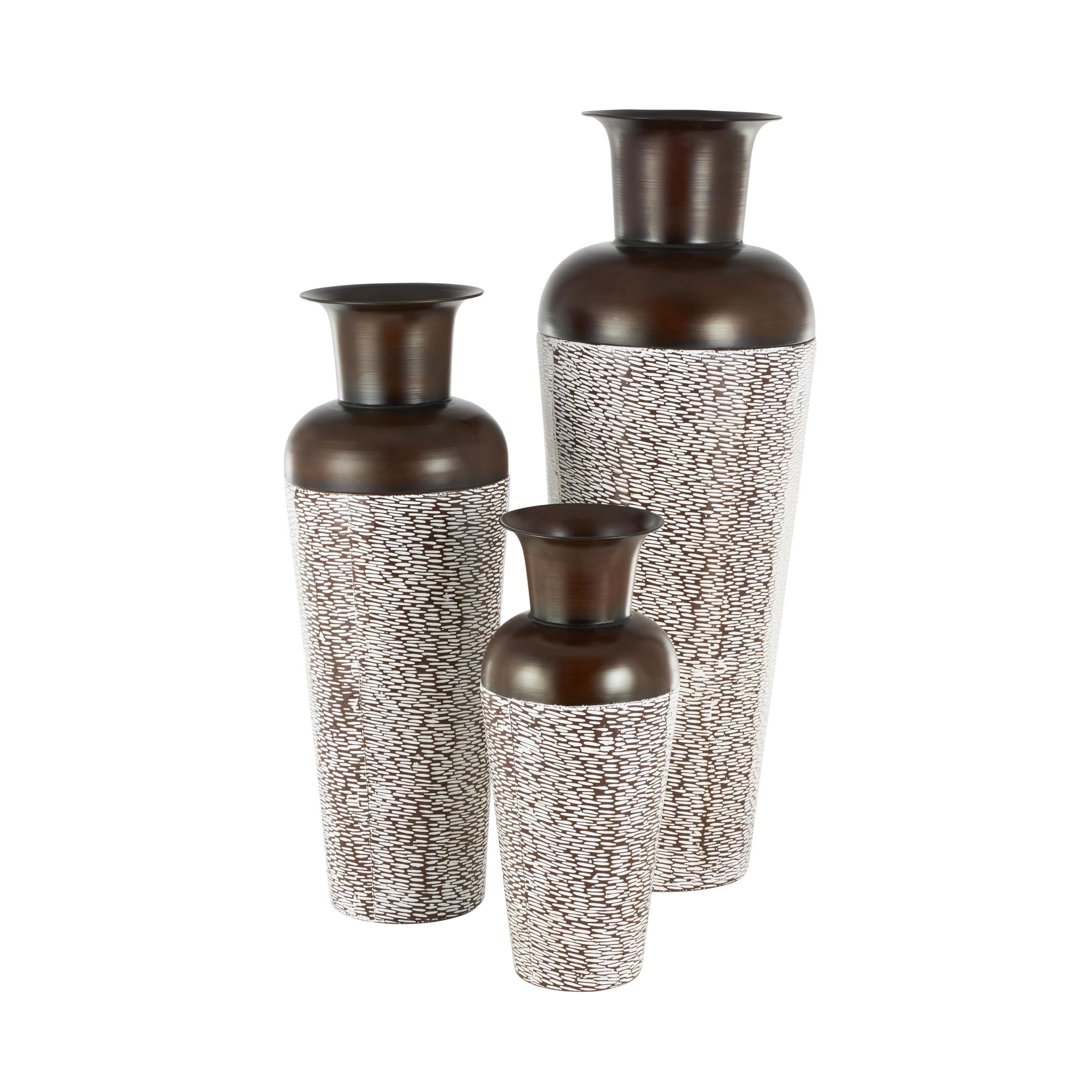 DecMode 18", 39", 28"H Tall Tapered Floor White Metal Vase with Brown Trumpet Tops, Set of 3