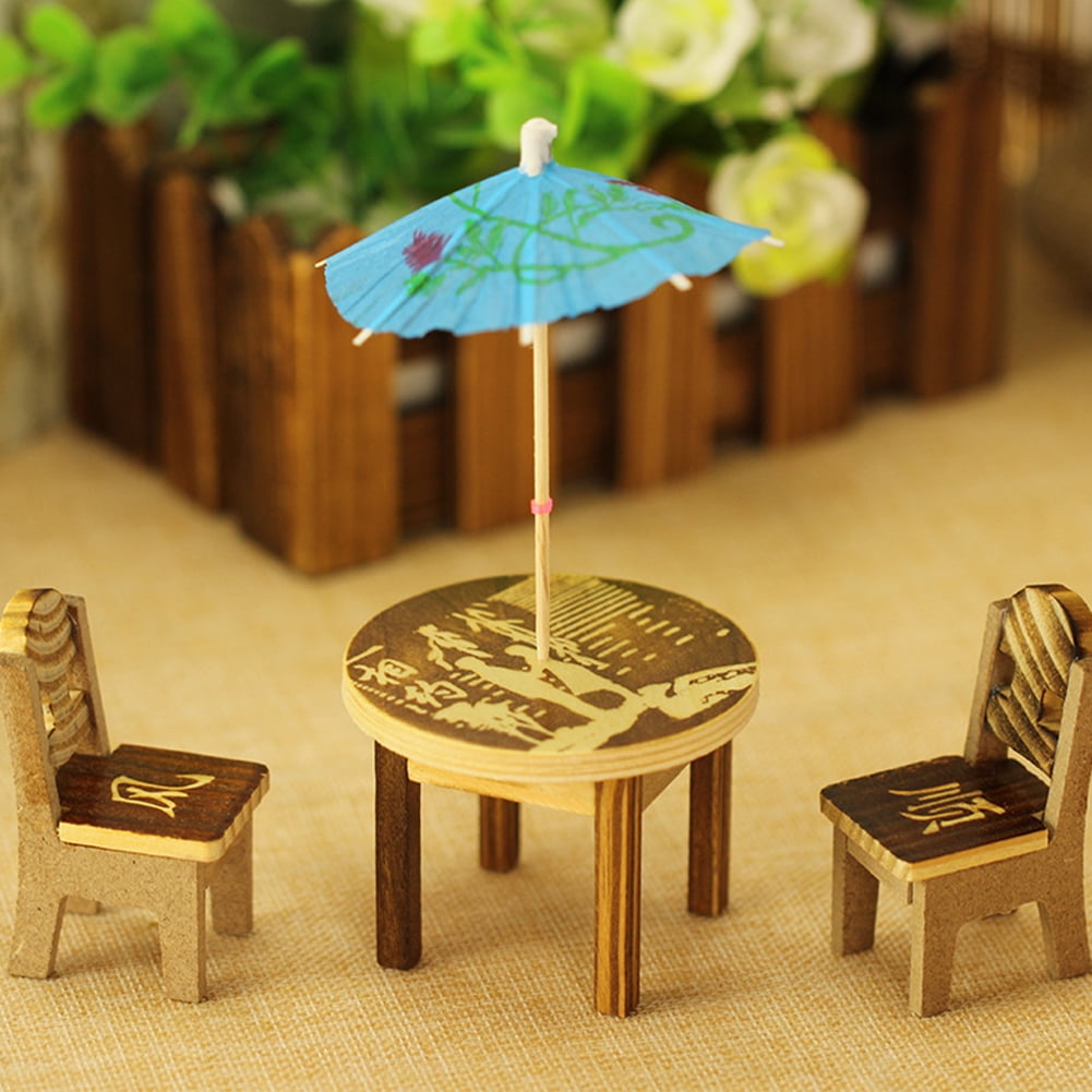 Miniature Wooden Desk+Chair+Umbrella Dollhouse Fairy Garden Home Ornament Decor 