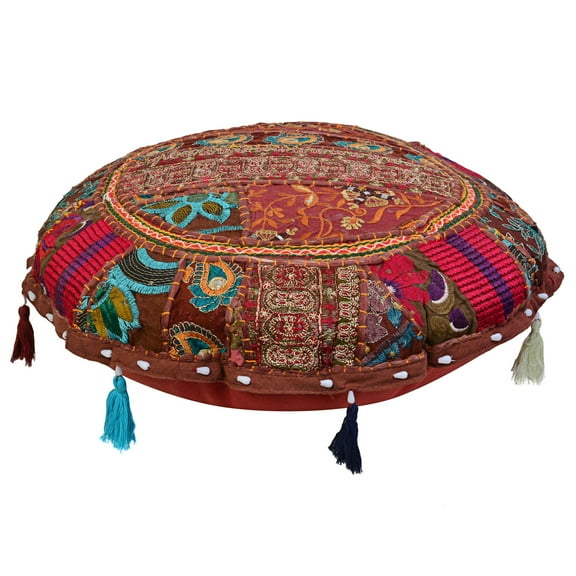 Stylo Culture Ethnic Yoga Throw Pillows For Bedroom Vintage Bohemian Patchwork Cushion Cover Dark Brown Round Throw Pillow 18 Small Decorative Seat Pouf Cover Footstool Cotton Embroidered 1 Pc