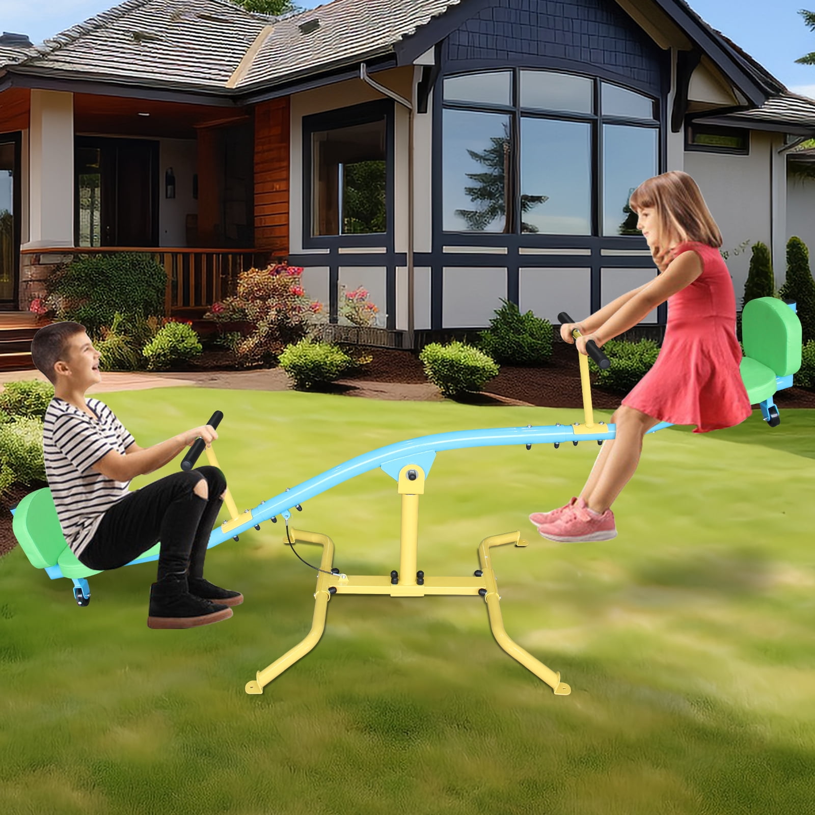 Children's Double 360° Rotating Seesaw with Backrest, Indoor Outdoor Playground Rocking Horse Toy for Kindergarten, Kids Ages 3+