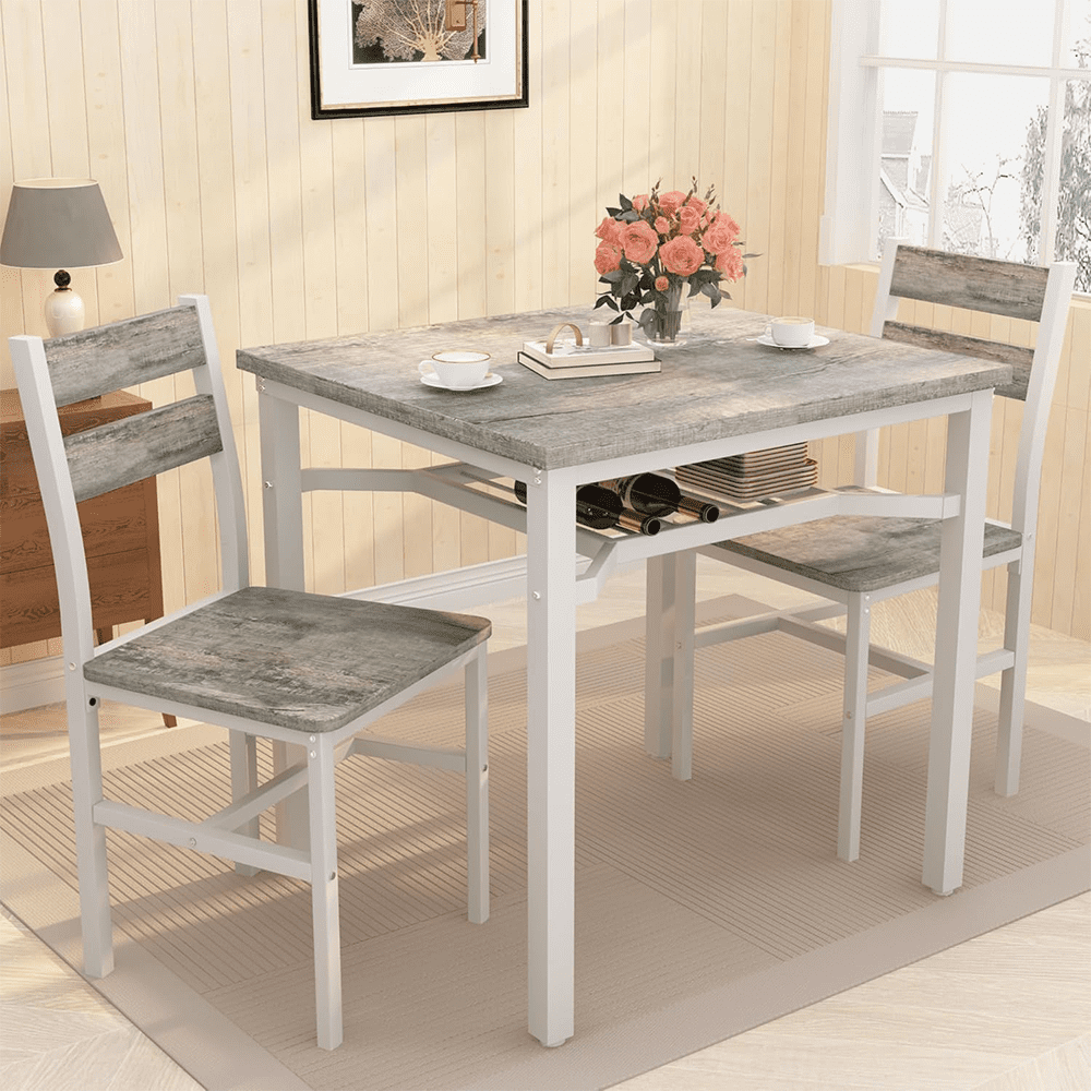 LinkRomat Small Dining Table for 2, Wooden Dinner Table with Storage, 3 Piece Farmhouse Square Dinette Set for Dining Room, Apartment, Small Space