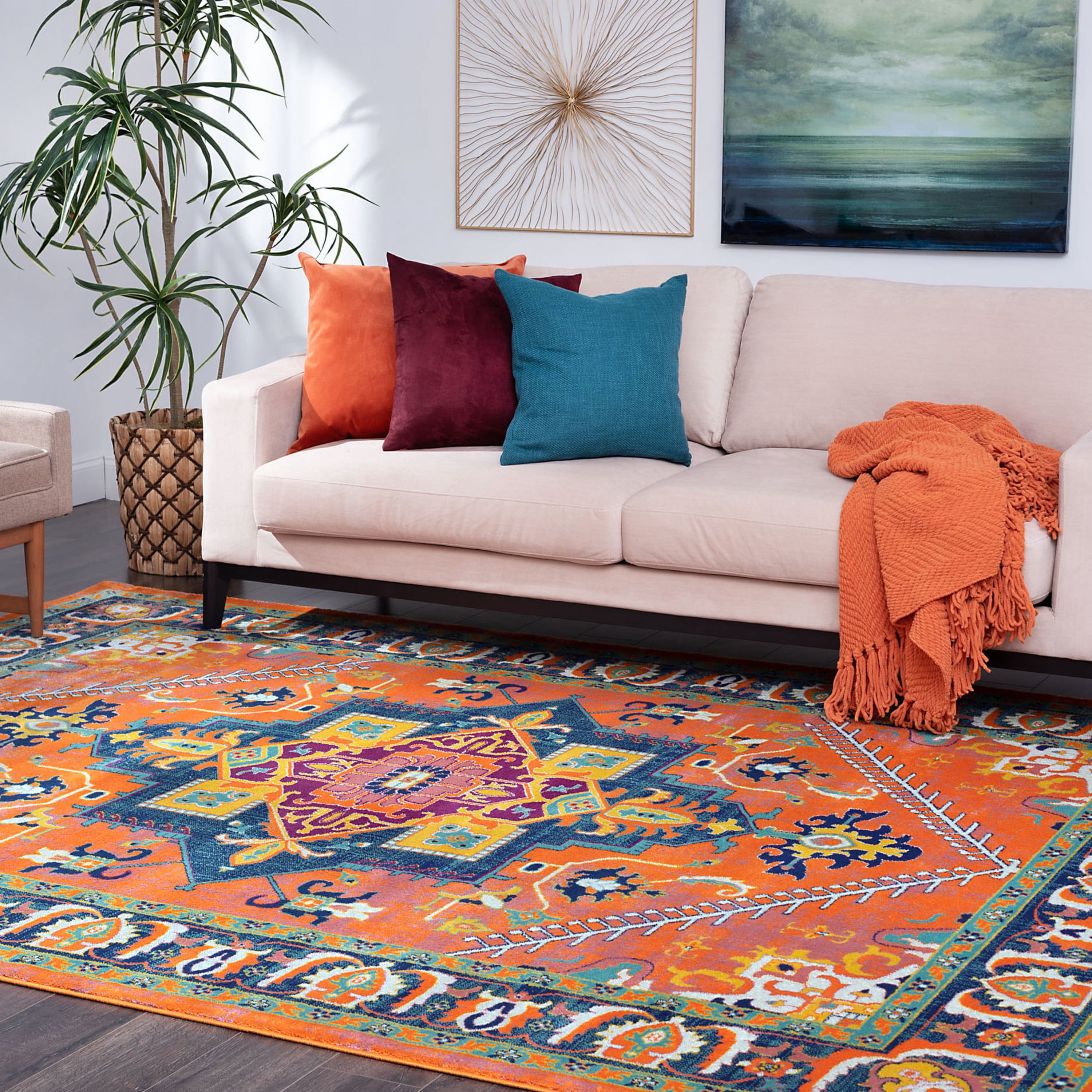 Transitional 4x6 Area Rug (3'11'' x 5'3'') Oriental Orange, Navy Indoor Rectangle Easy to Clean