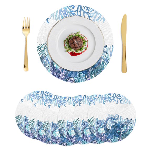 Round Placemats Coastal Blue Octopus 15 inch Set of 6 Table Mats for Dining Table Summer Ocean Beach Corals Starfish Heat Resistant Non-Slip Kitchen & Home Decorative Place Mat Set