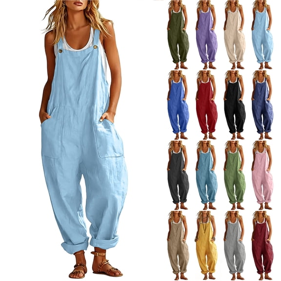 Bloomae Jumpsuits for Women Dressy Cotton Linen Overalls Adjustable Strap Roll Hem Bib Overalls Pants Loose Comfy Baggy Summer Sleeveless Romper with Pockets