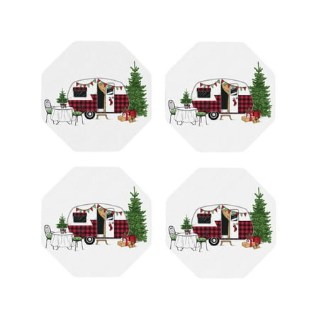 

Fuzoiu Vintage Buffalo Plaid Christmas Camper Print Leather Coasters Set Drink Coasters Set of 4 for Tabletop Protection Durable PVC Coasters Home Décor and Housewarming Gift-Octagon