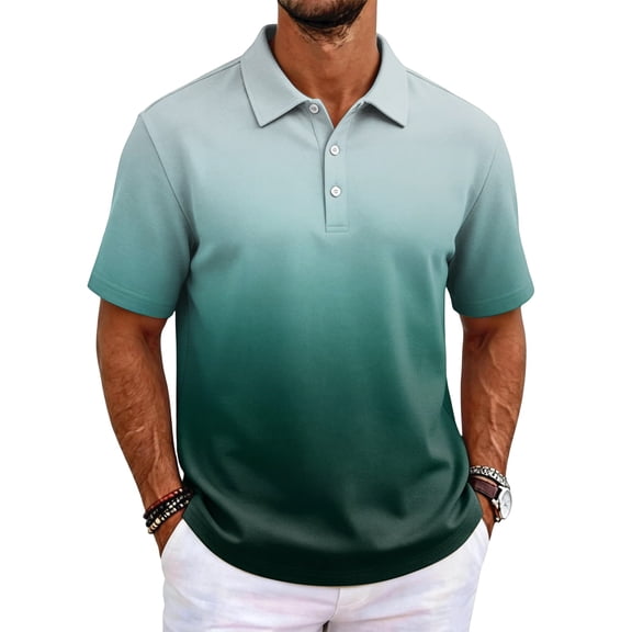 Mens Polo Shirt Gradient Short Sleeve Stretch Cotton Shirt Casual Versatile BreathableTop, L