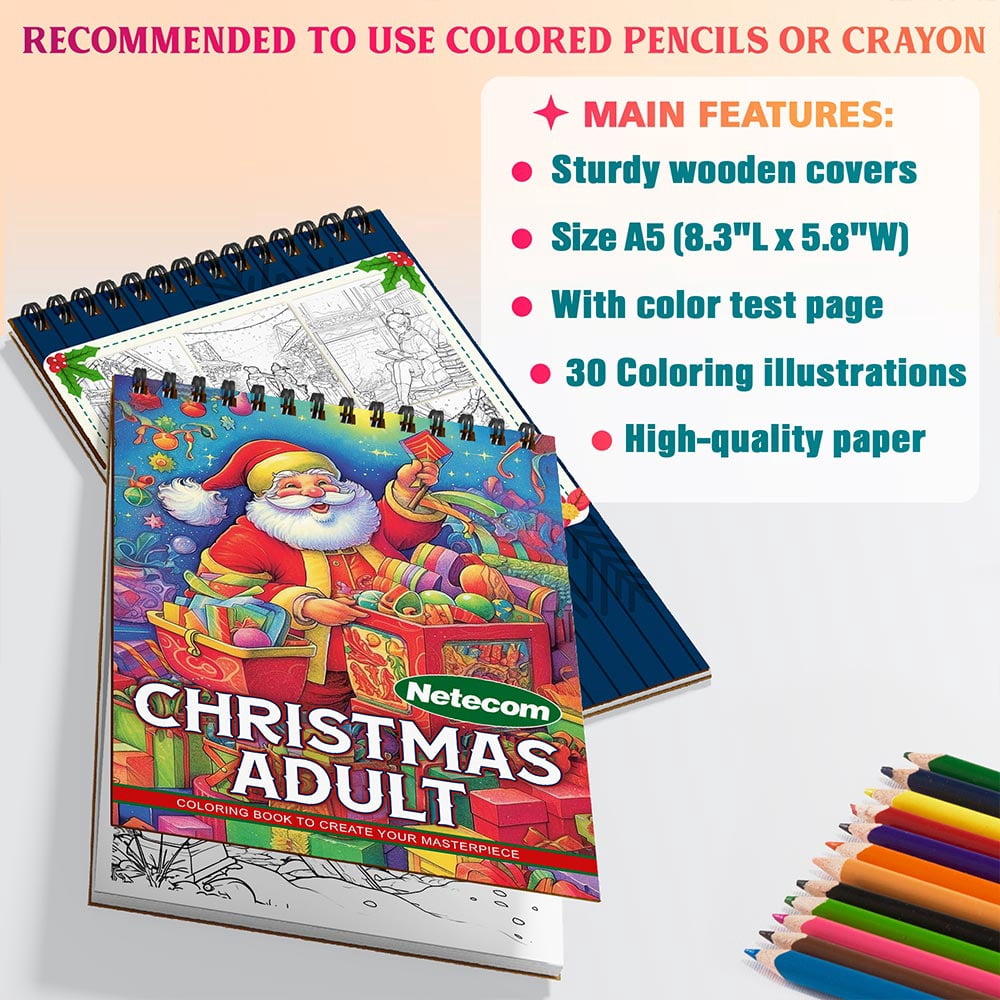 Netecom Christmas Adult Coloring Book Spiral Bound for Adults, A5 Wooden Cover, 30 Festive Coloring Pages of Christmas Traditions for Stress Relief and Relaxation