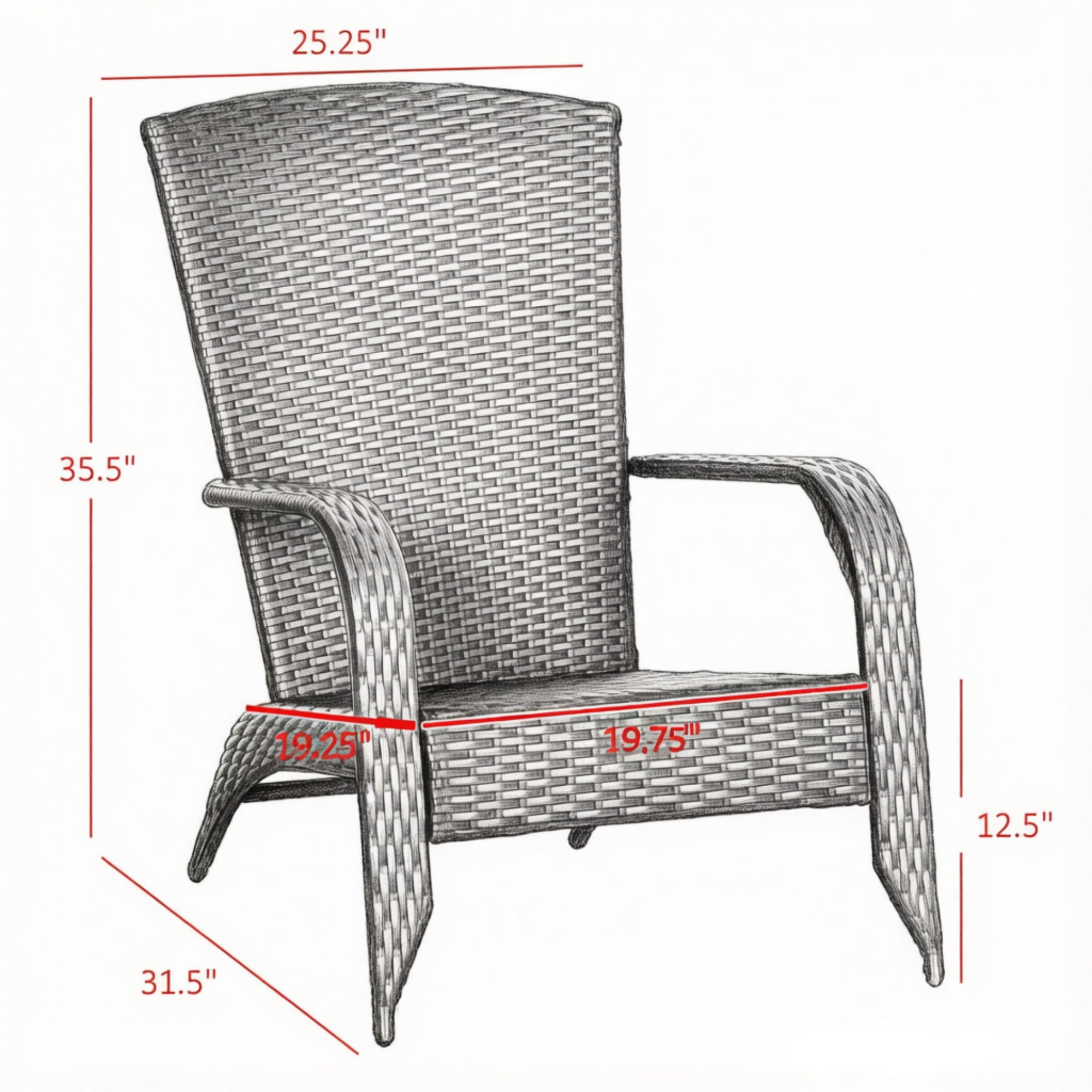 Weather Resistant PE Wicker Adirondack Chair with Zipper Removable Cushions, Steel Frame Curved Tall Back Patio Pool Porch Rattan Lounge Chair Holds 265 LBS