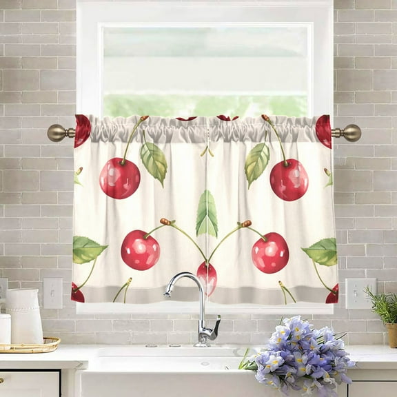 Yayeee Kitchen Curtains Tier Pair Light Filtering 27"x36" Rod Pocket Short Cafe Window Panel, Watercolor Cherry