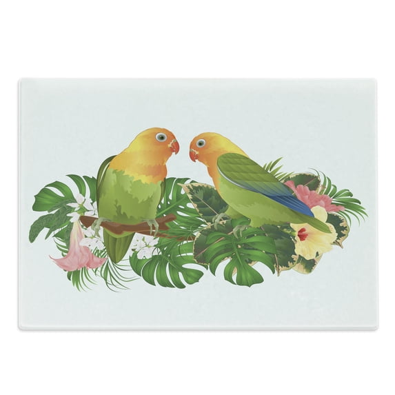 Yellow Bird Cutting Board, Colorful Agapornis Parrots with Tropical Botany Leaves Flowers, Decorative Tempered Glass Cutting and Serving Board, in 3 Sizes, by Ambesonne