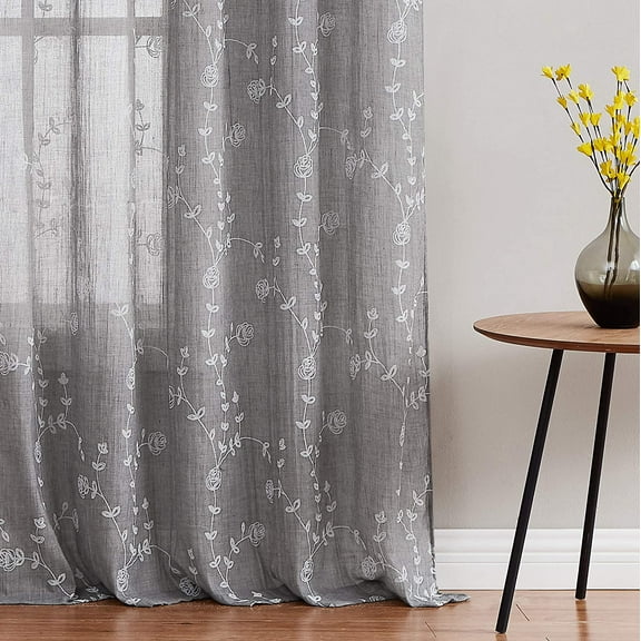 Queenquincy Grey Embroidered Rose curtains Cotton Print Botanical Window curtains for Bedroom Rod Pocket,54"Wx84"L,2 Panels
