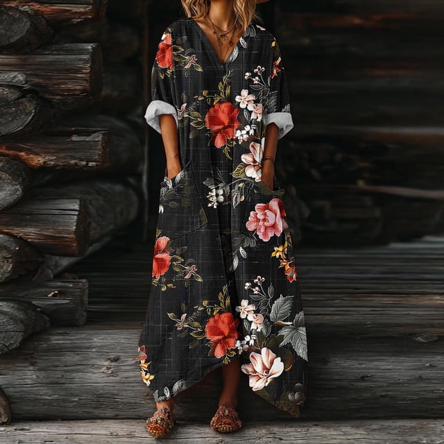 Heisall 2026 Spring Summer Boho Floral Printed Linen Maxi Dress V Neck Batwing Sleeve Oversized Kaftan Dresses with Pockets