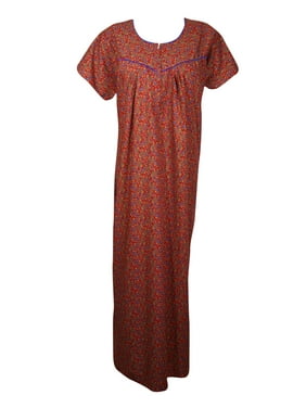 Mogul Women Red Floral Maxi Caftan Nightgown Cap Sleeves Sleepwear Housedress Bohemian Loose Nightwear Patio Dresses XL