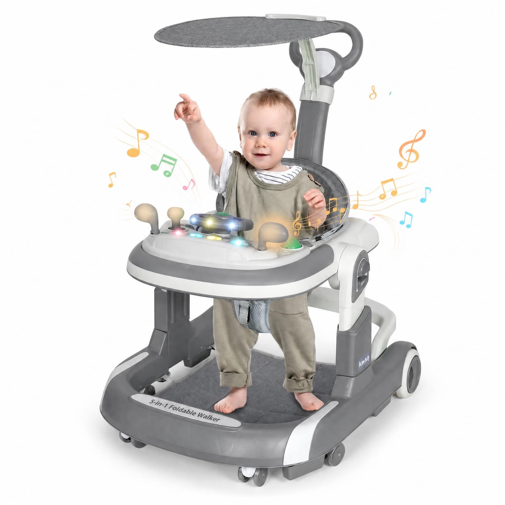 SIMANLI 5 in 1 Folding Baby Walker Adjustable Height & Speed, Kids Baby Walker with Wheels & Music Toys for Girls Boys, Gray