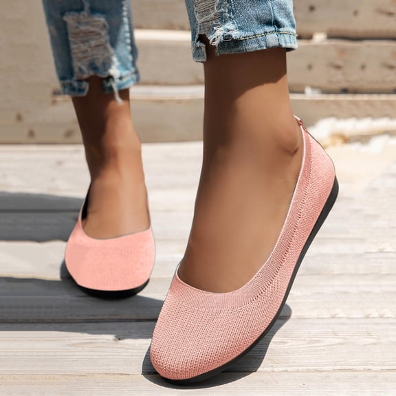 EliteGoogv Womens Round Toe Ballet Flats Slip On Knitted Shoes For Women Breathable Casual Footwear Pink US:9