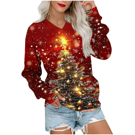 Lorytime Christian Hoodies for Women Christmas Tree Sweatshirt V Neck Long Sleeve Pullover with Pocket Drop Shoulder Tops