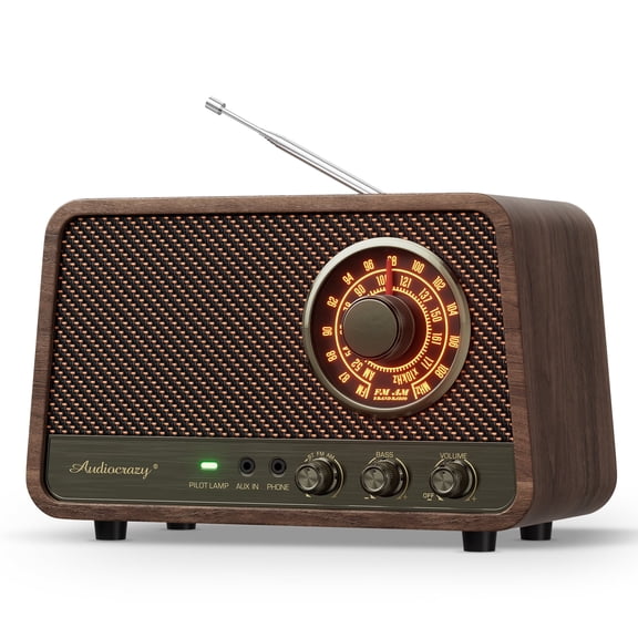 AM FM Radio, Vintage Wooden Finish Radio Plug in Wall with Bluetooth Speaker, Aux in, Headphone Jack, Bass Control, for Home, Office