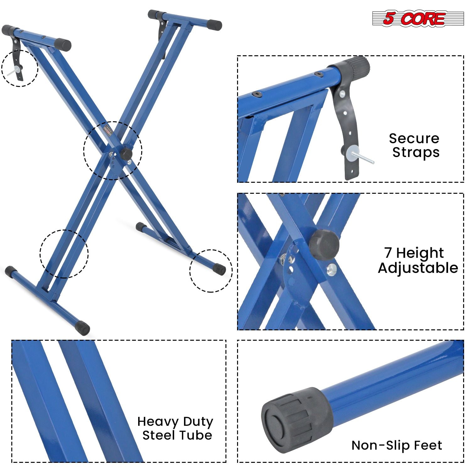 Piano Keyboard Stand Double X Style Heavy Duty Adjustable Digital Electric Piano Riser Durable & Sturdy Music Synthesizer Holder Stands For 61 76 88 Keys w Secure Locking Strap - KS 2X Blue