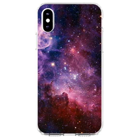 DistinctInk Clear Shockproof Hybrid Case for iPhone XR (6.1" Screen) - TPU Bumper, Acrylic Back, Tempered Glass Screen Protector - Purple Pink Carina Nebula - Show Your Love of Astronomy