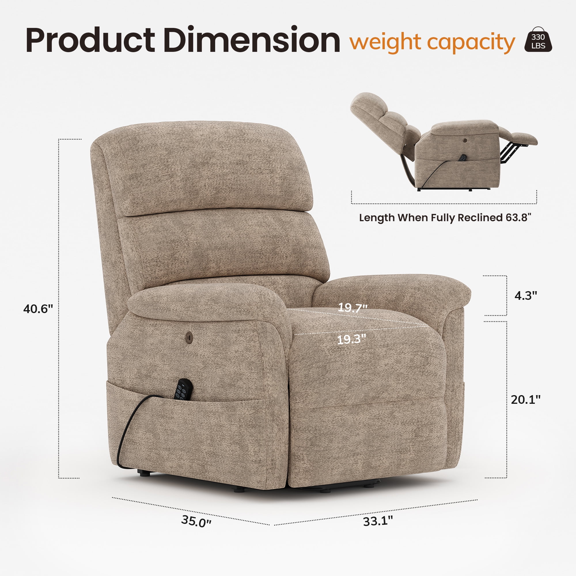 COLAMY Eleva Power Lift Recliner Chair with USB & Type-C Charge,Dual Motors Adjustment Recliner with Padded Upholstered Seat and Armrest, Double Storage Pockets, Camel