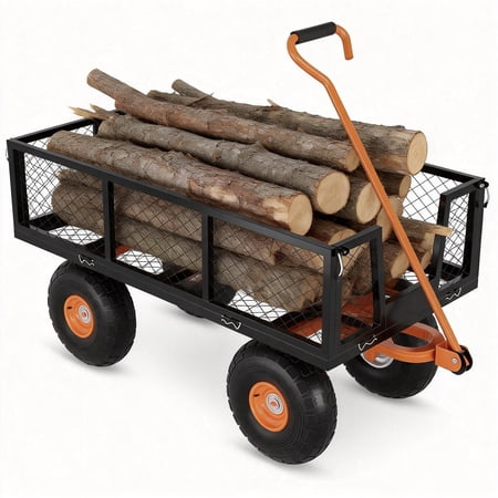 900 lbs Steel Garden Cart Utility Wagon - Heavy Duty Mesh Metal Yard Cart Removable Sides 10 Tires Outdoor Lawn and Garden Transport - 900 lb load capacity | Black + Orange