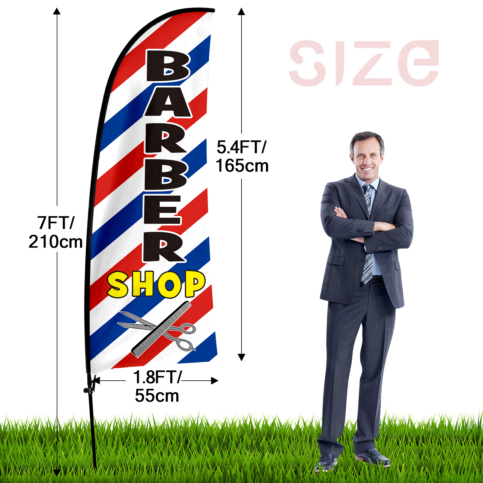 QSUM Barber Shop Feather Flag with Flag Pole Kit and Ground Spike, 7FT Barber Shop Windless Flag Banner Sign Business for Haircut Outdoor Advertising Sign Decoration Display